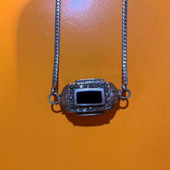 Vintage Sterling Silver Onyx Marcasite Cylinder Prayer Box Necklace 18” - Picture 2 of 12